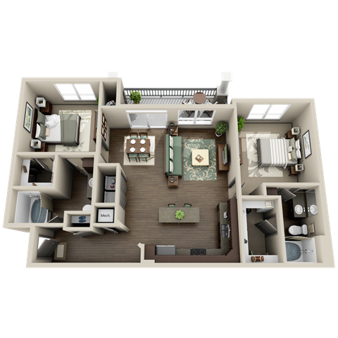 Floor plan for 2 beds, 2 baths, 1157 sqft